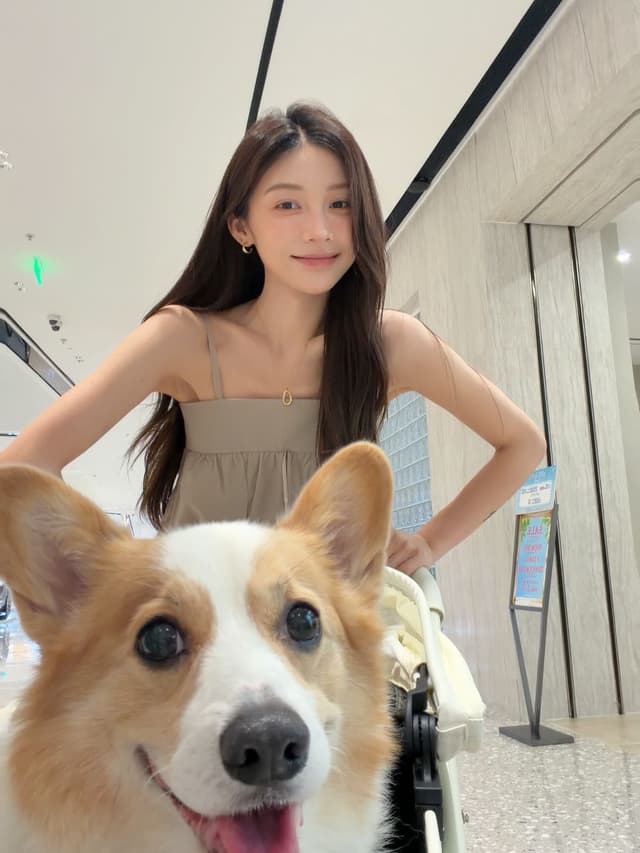 今天遛狗遇到的漂亮小姐姐 呆着一只柯基